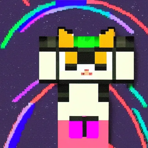 Image similar to a Minecraft cat if it were the fluffiest cutest little block kitty to ever exist ever in the history of the known universe and holding a slice of delicious pepperoni pizza while floating through the cosmos with a cosmic rainbow trail billowing behind it mimicking the early internet meme Nyan cat