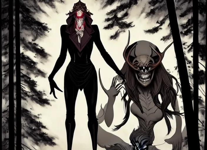 Image similar to style artgerm, joshua middleton, steve niles, diego fazio, j. c. leyendecker : : scary wendigo with antlers and skull face mixed with werewolf : : [ beautiful witch wearing a black dress, symmetrical face, on the right side ] : : in the forest, detailed, dark and foggy, cinematic lighting