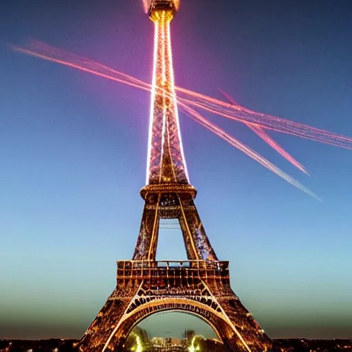 Prompt: newly leaked image that was hidden from the goverment that shows a portal being opened above the eiffel tower. it was at around sunset and many people are observing the strange event. if you look closely something wants to come through the portal.