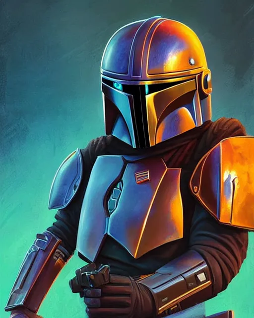 Image similar to a mandalorian with an original armor and helmet, digital painting bioluminance alena aenami artworks in 4 k design by lois van baarle by sung choi by john kirby artgerm style pascal blanche and magali villeneuve