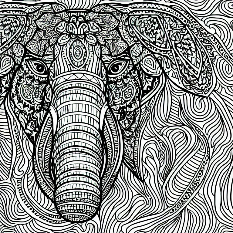 Prompt: elephant's head, symmetric, ornamental, fractal, line art, vector, outline, simplified, colouring page
