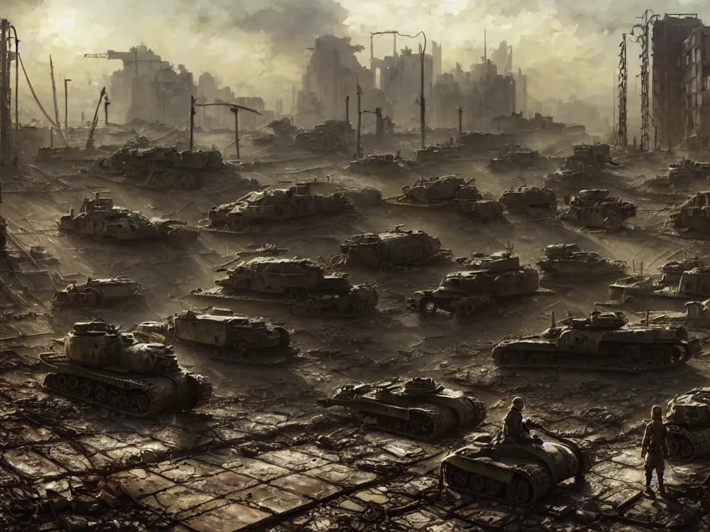 Image similar to a highly detailed matte painting of a post apocalyptic irradiated warzone with broken world war one tanks, discarded power armor and survivors scavenging the ruins, by studio ghibli, makoto shinkai, by artgerm, by wlop, by greg rutkowski, volumetric lighting, octane render, 4 k resolution, trending on artstation, masterpiece
