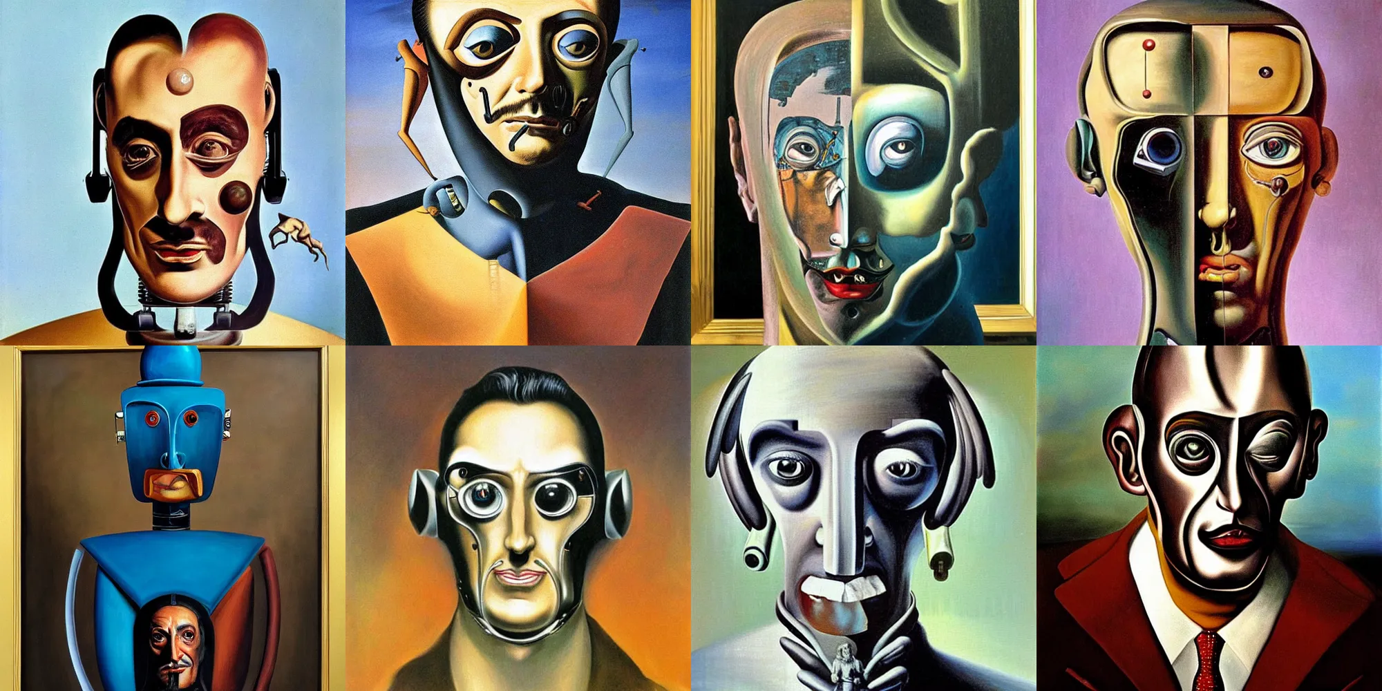 Prompt: Salvadore Dali portrait painting as half-robot, half-human