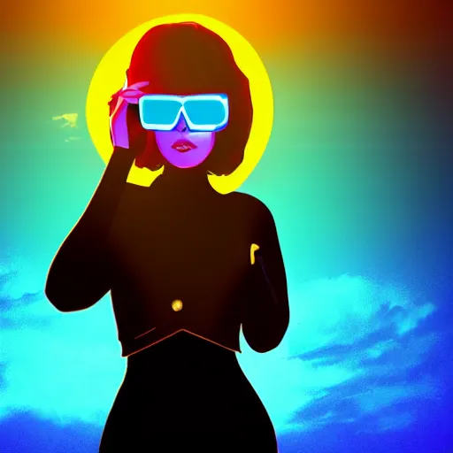 Image similar to a woman with light blue shutter shades in front of a sunset, a dark brown leather jacket, one side brown haircut with blue ends, vector art by jan tengnagel, pixabay contest winner, retrofuturism, retrowave, synthwave, outrun, portrait, synthwave