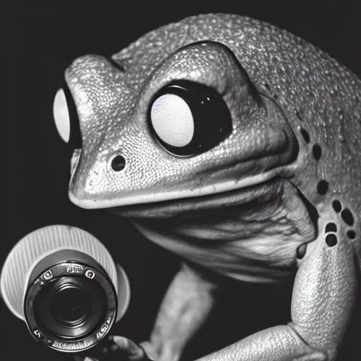 Image similar to cyborg frog with a camera lens as a head, front profile, monochromatic photo