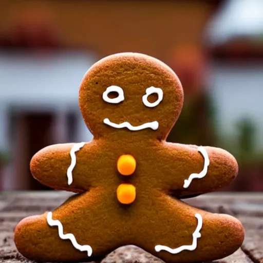 Image similar to a gingerbread man sits in a gingerbread house, contemplating existential dread. is he made of house? or is the house made of flesh? he screams for he does not know.