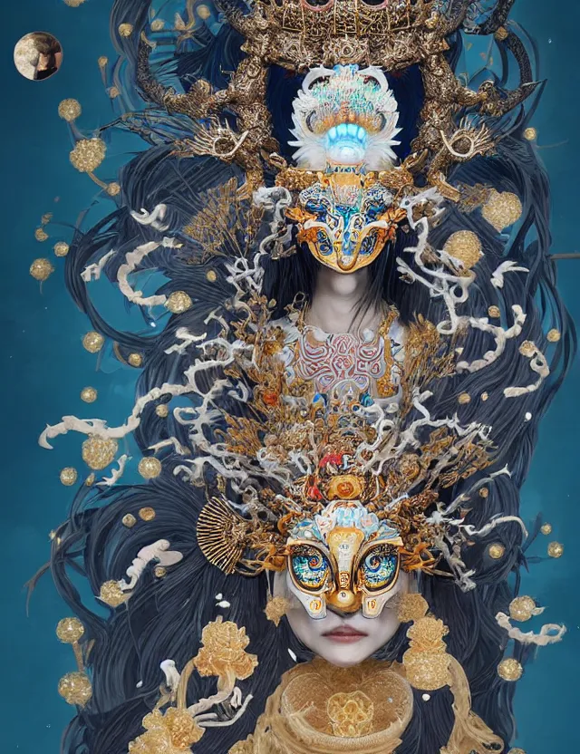 Image similar to goddess portrait with mask and crown made of ram skull. beautiful intricately detailed japanese crow kitsune mask and clasical japanese kimono. betta fish, jellyfish phoenix, bioluminescent, plasma, ice, water, wind, creature, super intricate ornaments artwork by tooth wu and wlop and beeple and greg rutkowski