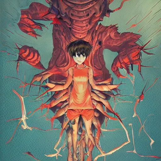 Prompt: monster of monsters. illustration by james jean and satoshi kon and erik jones, inspired by evangelion, smooth feature, intricate oil painting, high detail illustration, sharp high detail