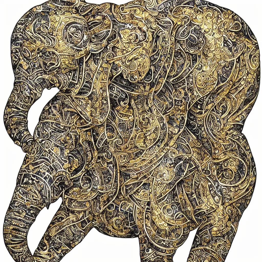 Prompt: white elephant covered entirely with fine detailed gold leaf prismatic tattoos with realistic shadows and glowing precious gems