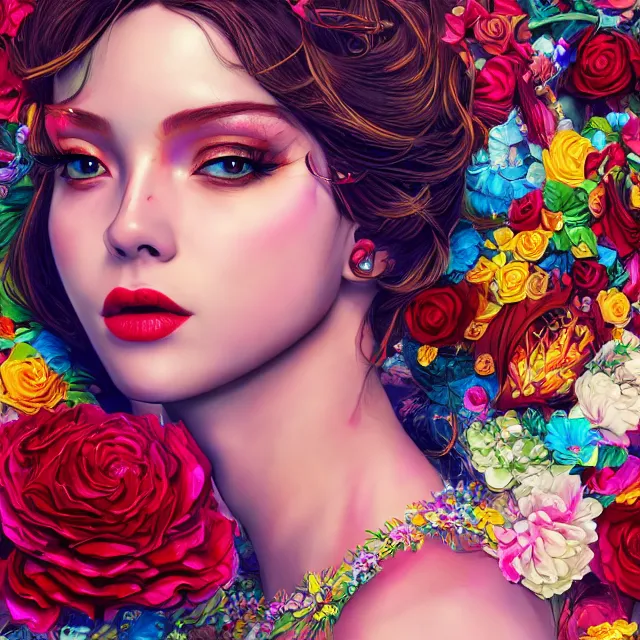 Prompt: studio portrait absurdly beautiful, elegant, lovely, young hypercolorful sensual latina idol rubies red petals gems, ultrafine hyperrealistic detailed face illustration by kim jung gi, irakli nadar, intricate linework, sharp focus, bright colors, matte, octopath traveler, final fantasy, unreal engine highly rendered, global illumination, radiant light, intricate rainbow environment