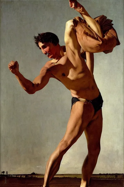 Image similar to body portrait of Justin Trudeau posing as a wrestler, colour painting by norman rockwell, guidi prime background by carl spitzweg