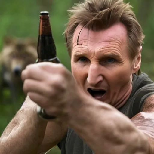 Image similar to liam neeson fighting wolves with broken beer bottles