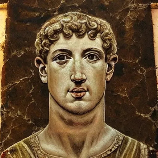 Image similar to photo of an ancient roman fresco on a wall in an ancient roman villa : mark zuckerberg as a roman noble senator. dressed in a white toga. serious facial expression. detailed, intricate artwork. faded shadows