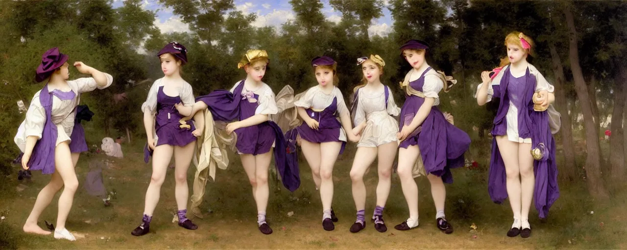 Image similar to A character sheet of full body cute magical girls with short blond hair wearing an oversized purple Beret, Baggy Purple overall shorts, Short Puffy pants made of silk, pointy jester shoes, a big billowy scarf, Golden Ribbon, and white leggings Covered in stars. Short Hair. Sunlit. Haute Couture. Art by william-adolphe bouguereau and Paul Delaroche and Alexandre Cabanel and Lawrence Alma-Tadema and Johannes Helgeson. Smooth. Elegant. Highly Detailed. Intricate. 4K. UHD. Denoise.