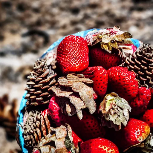 Image similar to a photograph of a strawberry chip ice cream cone, with a cone made from a pinecone. shallow depth of field, fine textured detail.