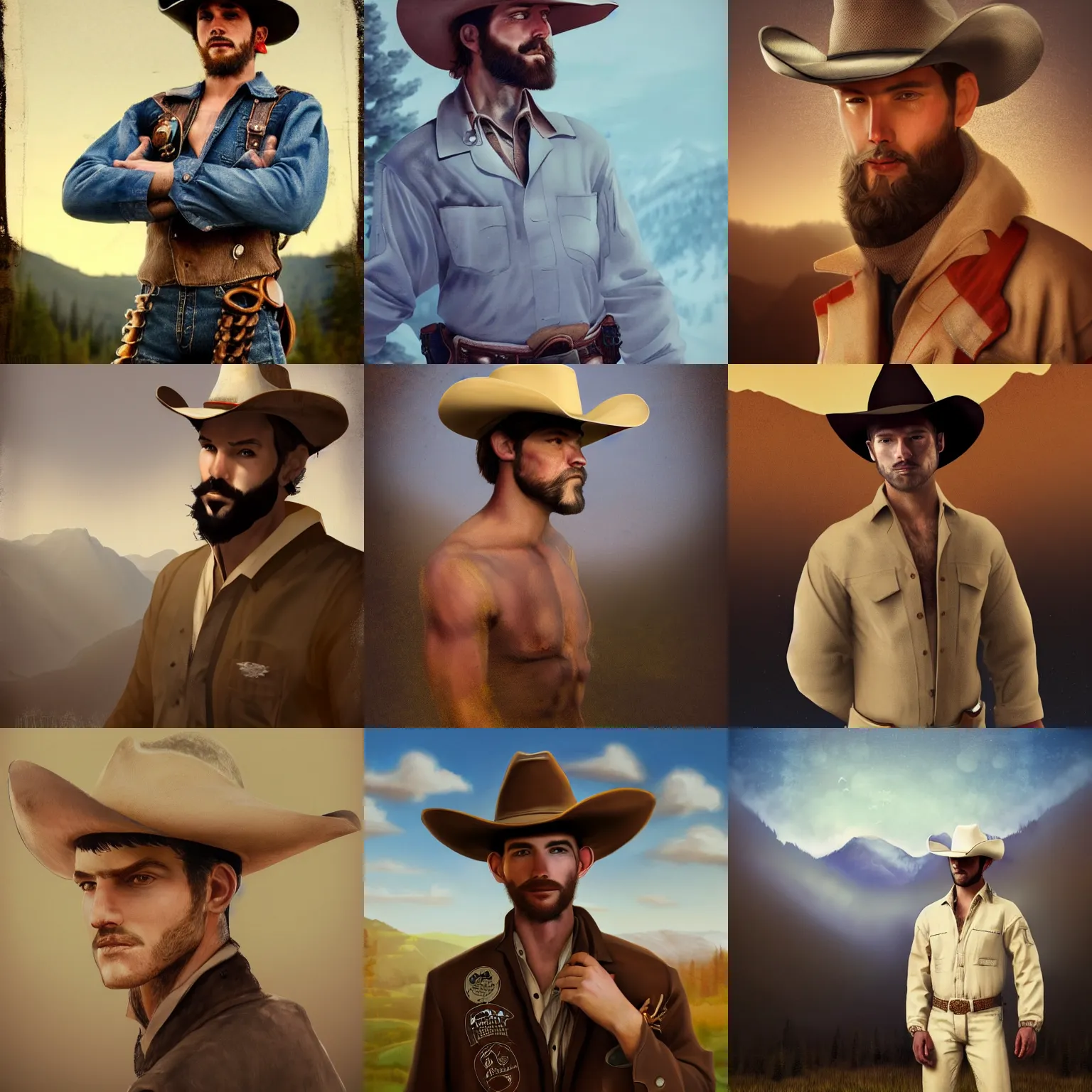 Prompt: a beautiful ethereal homoerotic portrait of a cowboy wearing a union suit | he's wearing a cowboy hat | background is a cabin in the mountains | trending on artstation