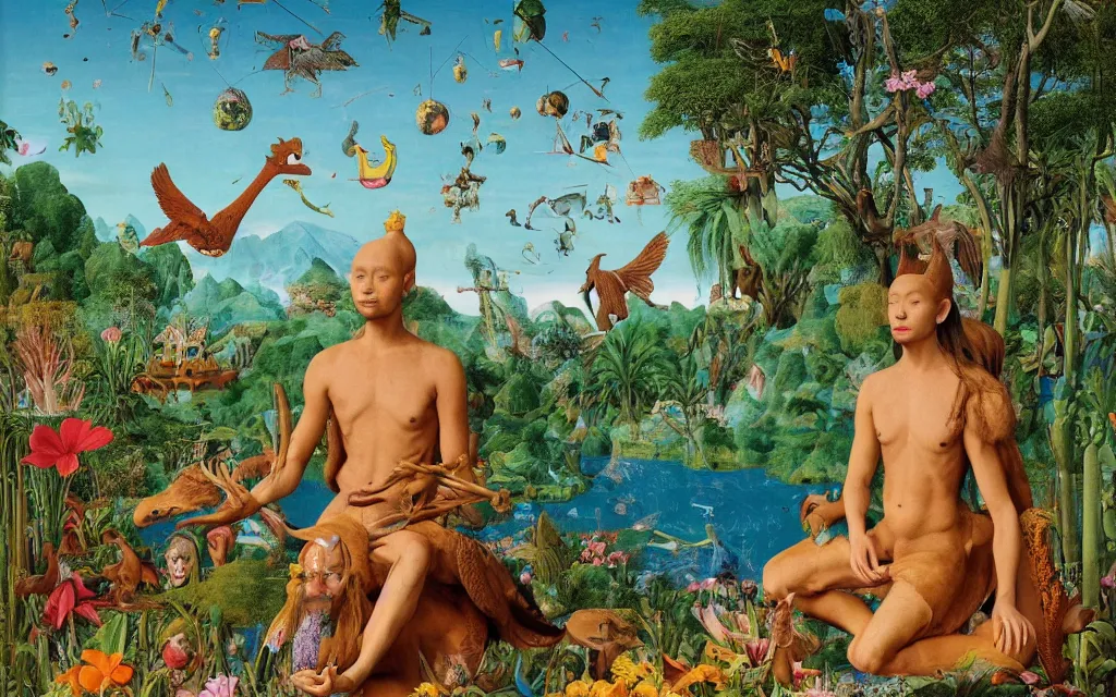 Image similar to a portrait photograph of a meditating sphinx and a centaur king riding birds and hugging tropical animals at a river delta. surrounded by bulbous flowers, animals and trees. mountain range under a blue sky of burning stars. painted by jan van eyck, max ernst, ernst haeckel and ernst fuchs, cgsociety, artstation, fashion editorial, 8 k