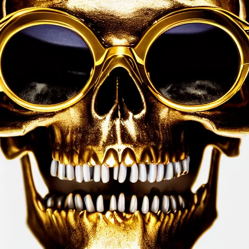 Prompt: closeup studio photograph of a black skull with golden teeth and golden sunglasses, dramatic lighting, edited in photoshop