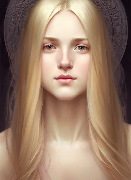 Image similar to beautiful feminine face! portrait of young woman blessed by god with ever - increasing physical and mental perfection, blonde hair, symmetrical!! intricate, elegant, highly detailed, vision of holy perfection!! smile, digital painting, artstation, concept art, smooth, sharp focus, illustration, art by artgerm and greg rutkowski and alphonse mucha