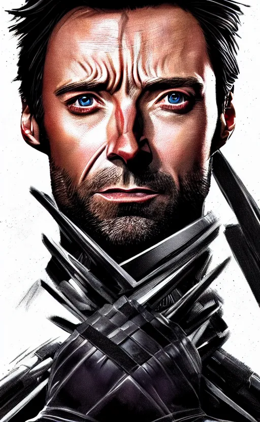 Image similar to portrait of hugh jackman as bucky barnes from the avengers infinity war, character concept art, hyperrealistic, detailed, accurate illustration, dramatic lighting, action pose