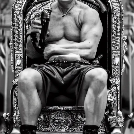 Image similar to A photo of vladimir putin the barbarian sitting on his throne, award winning photography, sigma 85mm Lens F/1.4, perfect faces