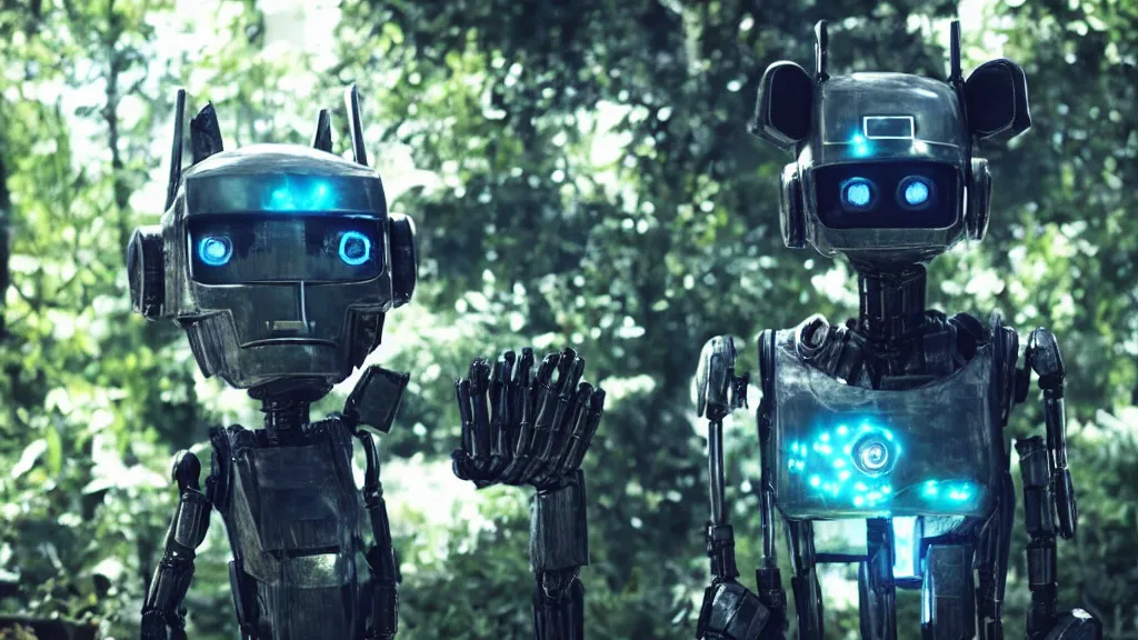 Image similar to film still from the movie chappie of the robot chappie shiny metal outdoor park plants garden scene bokeh depth of field furry anthro anthropomorphic stylized cat ears head android service droid robot machine fursona