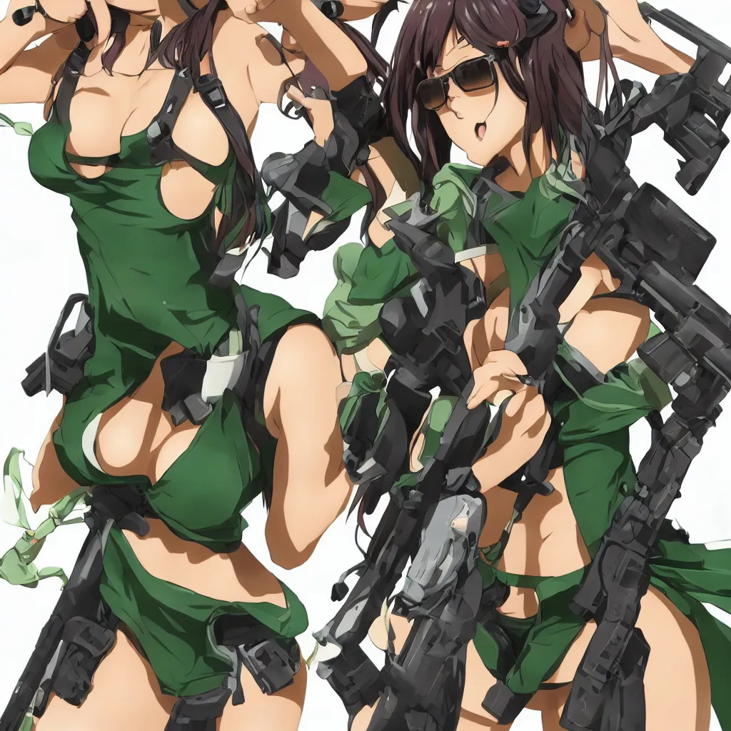 Prompt: a full shot of a beautiful curvy anime girl with an athletic feminine body holding an m4 assault rifle in a green tank top with black shorts and aviator classic sunglasses, long hair, anatomically correct, tanned body, gainax