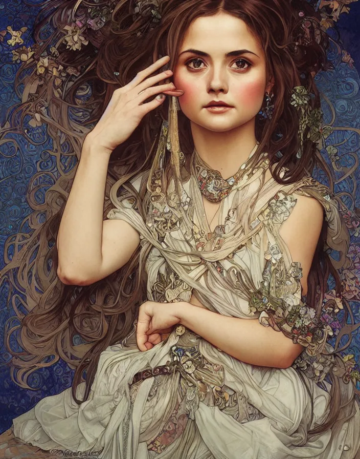 Prompt: Realistic detailed full portrait of Jenna Coleman by Alphonse Mucha, Ayami Kojima, Amano, Charlie Bowater, Karol Bak, Greg Hildebrandt, Jean Delville, and Mark Brooks