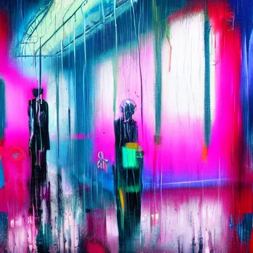 Image similar to rain like a dream, oil painting, cyberpunk, basquiat + francis bacon, elevated street art, fantasy lut, pink, blue, purple, green,