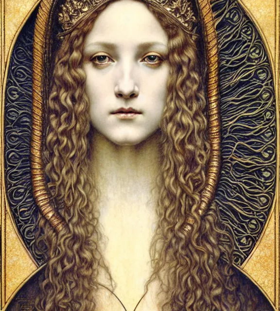 Image similar to detailed realistic beautiful young medieval queen face portrait by jean delville, gustave dore and marco mazzoni, art nouveau, symbolist, visionary, gothic, pre - raphaelite. horizontal symmetry