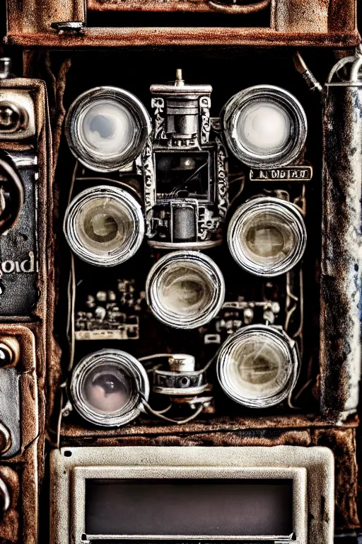 Prompt: A photo of a very old opened camera with film, vacuum tubes, capacitors and coils inside by Annie Lebovitz and Steve McCurry, grungy, weathered Ultra detailed, hyper realistic, 4k