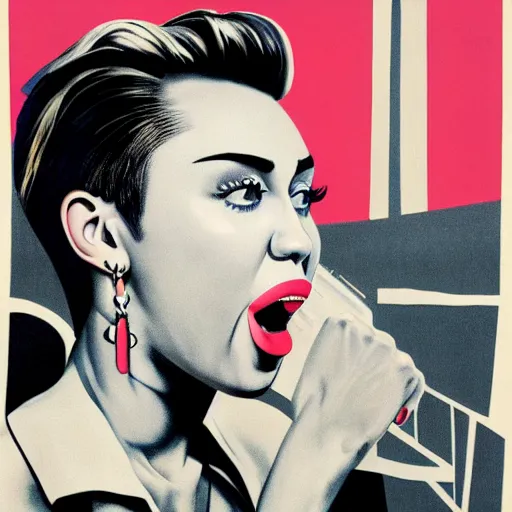 Image similar to propaganda poster, miley cyrus, close up, portrait, shouting