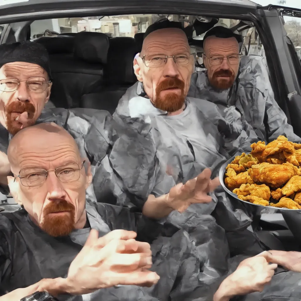 Prompt: photo of walter white sitting in a car, surprised soyjak face, surrounded by fried chicken, mukbang video, youtube video, soyface!!!, hd