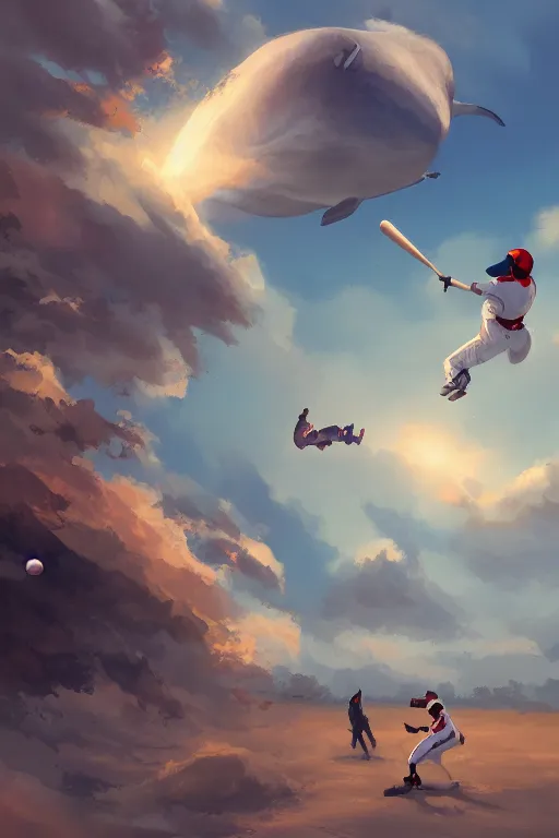 Image similar to people playing baseball while whales fly in the sky, digital art, artstation trending, digital painting