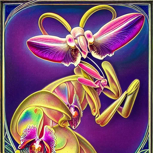 Prompt: majestic colorful orchid mantis enamel by jean delville, cloisonne, iridescent, black opals, beautiful hyperdetailed art nouveau orchids, ultrasharp photorealistic octane render