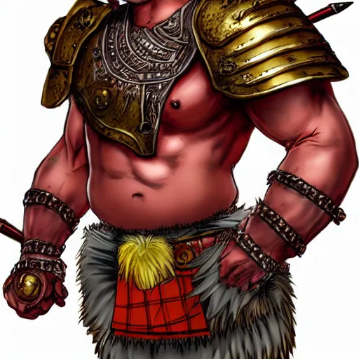 Prompt: bulky muscular scottish warrior with red hair and a kilt, tribal blood red war paintings on his chest, bronze plate armor, in the style of otomo katsuhiro, artgerm