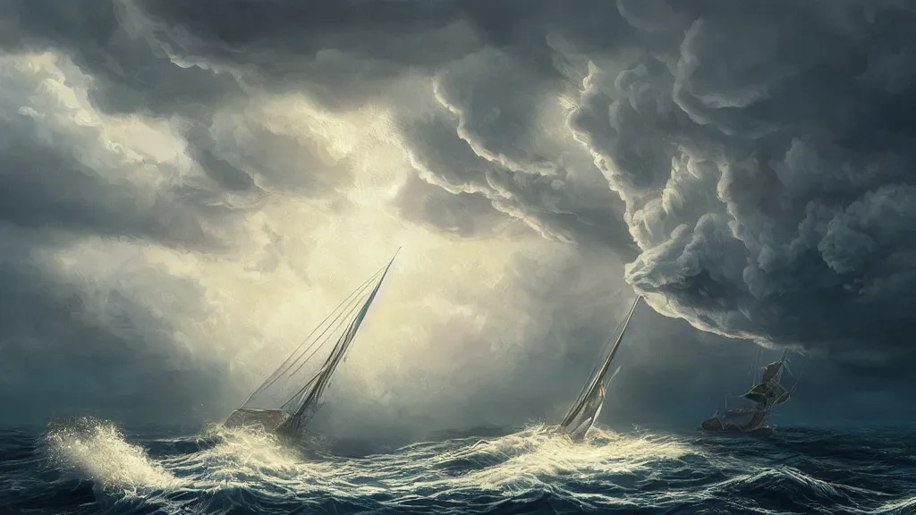 Prompt: a gigantic cat bursting out of a stormy sea attacking a small sail boat, wet fur, giant waves, sunbeams in background, intricate, detailed, volumetric lighting, sharp focus, scenery, photorealism, digital painting, highly detailed, concept art, by simon stalenhag and mark brooks