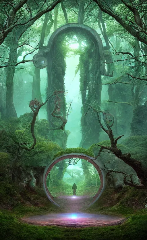 Image similar to the portal in the forest other world inside portal in the style of Roger Dean and beeple, 35mm, photo realistic, epic, cinematic
