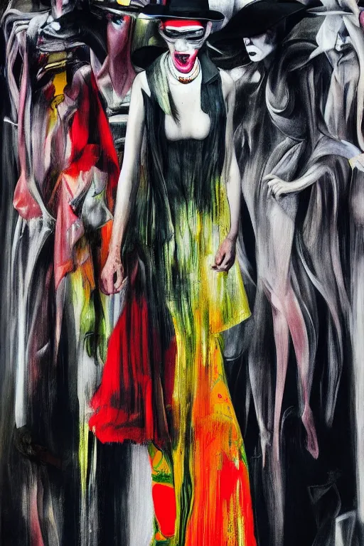 Image similar to crazy fashion catwalk, hauntingly surreal, highly detailed painting by francis bacon, edward hopper, adrian ghenie, gerhard richter, and james jean soft light 4 k,