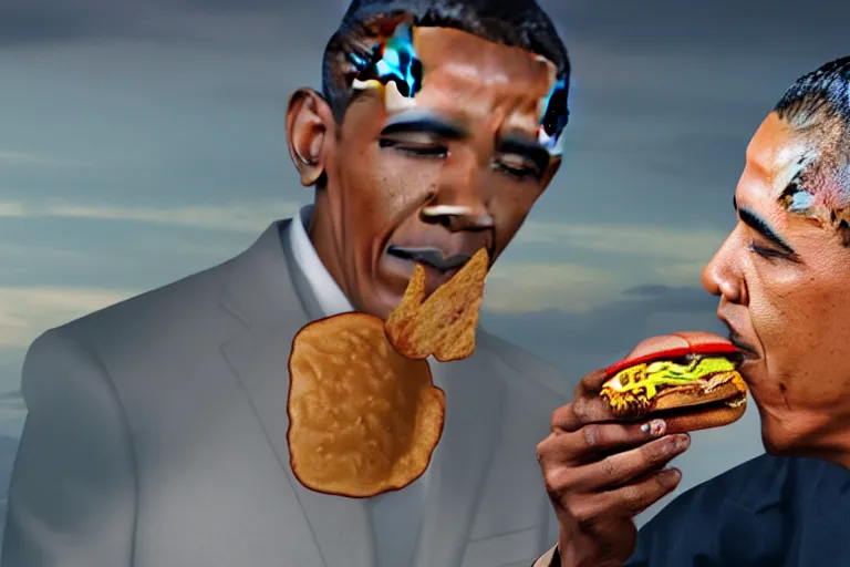 Prompt: obama eating a cheeseburger at the end of the world, high detailed, high resolution, 8k, hd, cinematic lighting