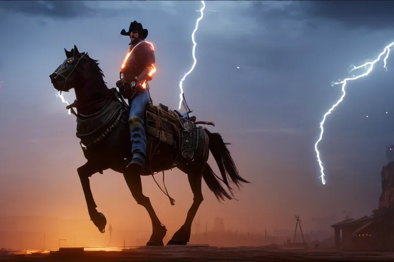 Image similar to photo from shoulder of a cowboy, riding a steampunk horse, on a futuristic shopping mall, cinematic lightning, ray tracing, unreal engine 5, photorealistic, 8 k, uhd, 4 k, red dead redemption 2 game concept, extremely detailed, beautiful, elegant, intricate, foggy, in - game footage