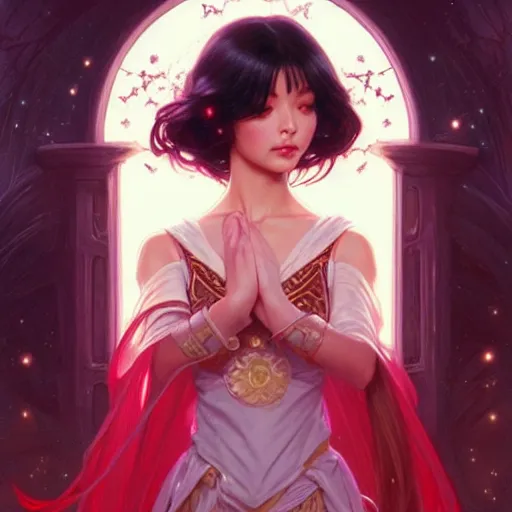 Prompt: a beautiful princess, long dark hair and bangs, sailor mars aesthetic, fantasy, intricate, elegant, highly detailed, digital painting, artstation, concept art, matte, sharp focus, illustration, art by Artgerm and Greg Rutkowski and Alphonse Mucha