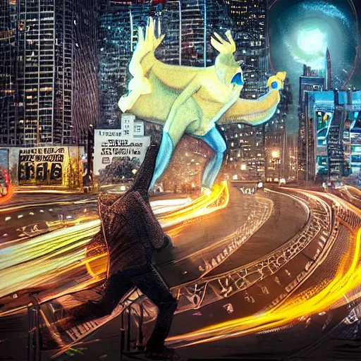 Image similar to bitcoin monster chasing people scared in city, cinematic composition, designed by cointelegraph, hyper - detailed