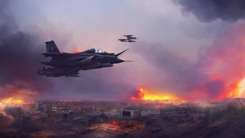 Prompt: canadian army storming beijing with fire and smoke burning in the background, jet fighters, tanks, volumetric lightning by eugene von guerard, ivan shishkin, dramatic lighting, concept art, trending on artstation, 8 k