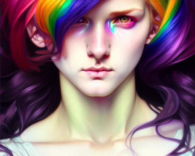 Image similar to overlord, rainbow hair, portrait, highly detailed, deep focus, elegant, digital painting, smooth, sharp focus, illustration, ultra realistic, 8 k, art by artgerm and alphonse mucha and edgar maxence