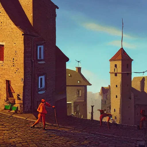 Image similar to a guard of the city watch patrols the cobbled streets of a medieval town, painted by simon stalenhag