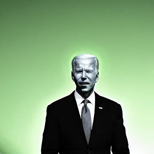 Prompt: green infrared night vision footage of Joe Biden leaning in close to the lens, 1080p pulitzer prize winning photograph