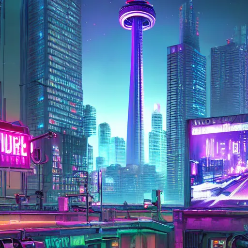 Image similar to Neon cyberpunk cityscape of Toronto Canada , CN tower, flying cars , advertisement screens, Blender 3D, Unreal Engine, 8k, by Jordan Grimmer and Andrea Pozzo