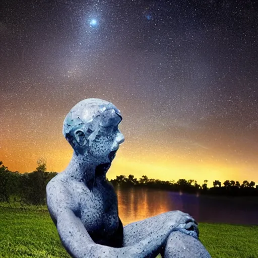 Prompt: A beautiful sculpture featuring a night sky filled with stars, and a small town in the distance. The sculpture is very peaceful and calming biopunk by Bill Medcalf, by Lisa Frank stormy