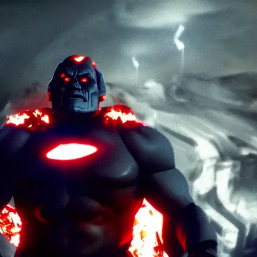 Image similar to darkseid in a dark suit with glowing eyes standing in front of a fire, a photocopy by zack snyder, cgsociety, antipodeans, # vfxfriday, reimagined by industrial light and magic, movie still